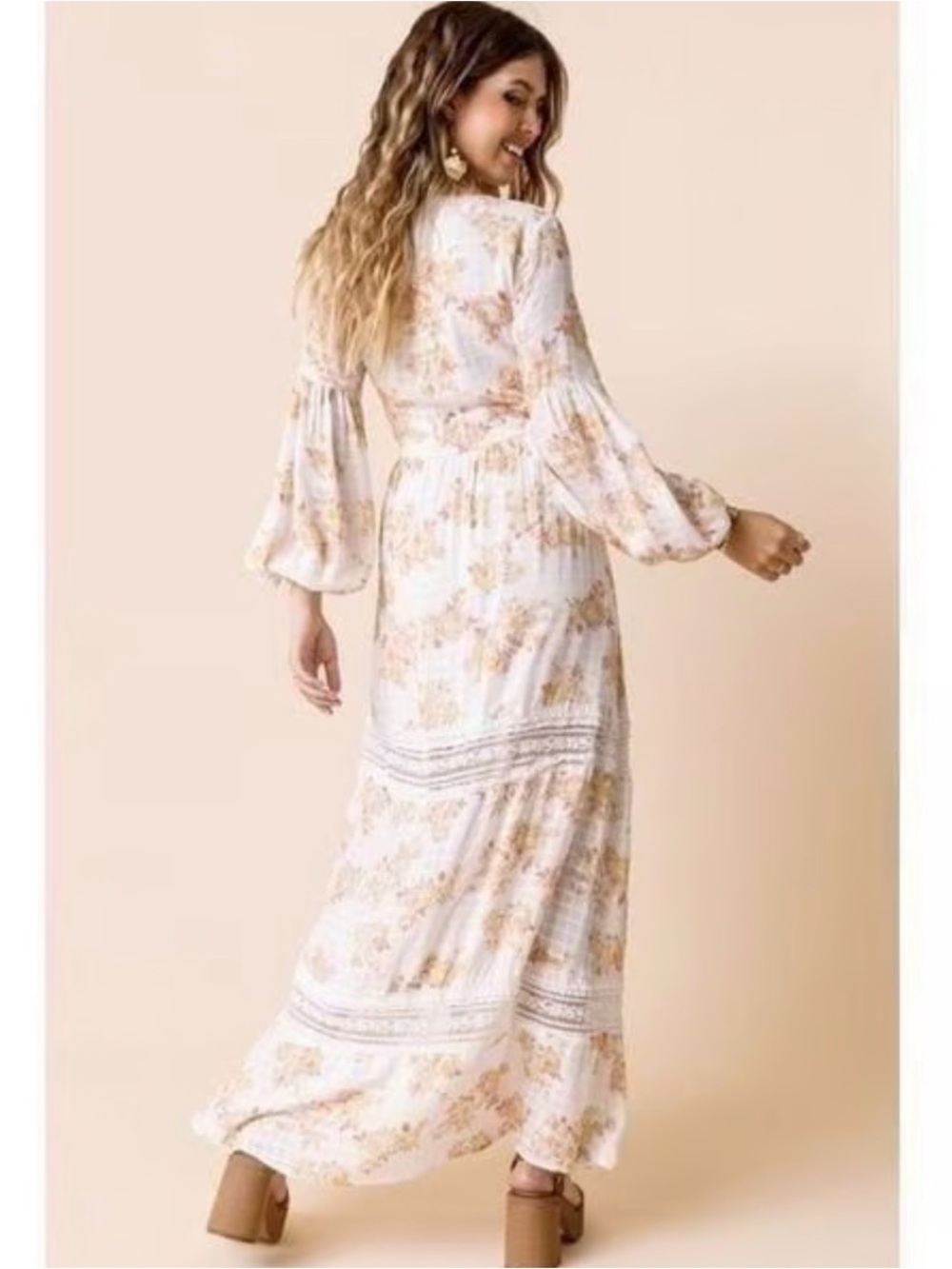 AUDREY PARKS FRANCESCA’S Floral Maxi Dress in Cream and Yellow - Boho V-Neck - Picture 2 of 13